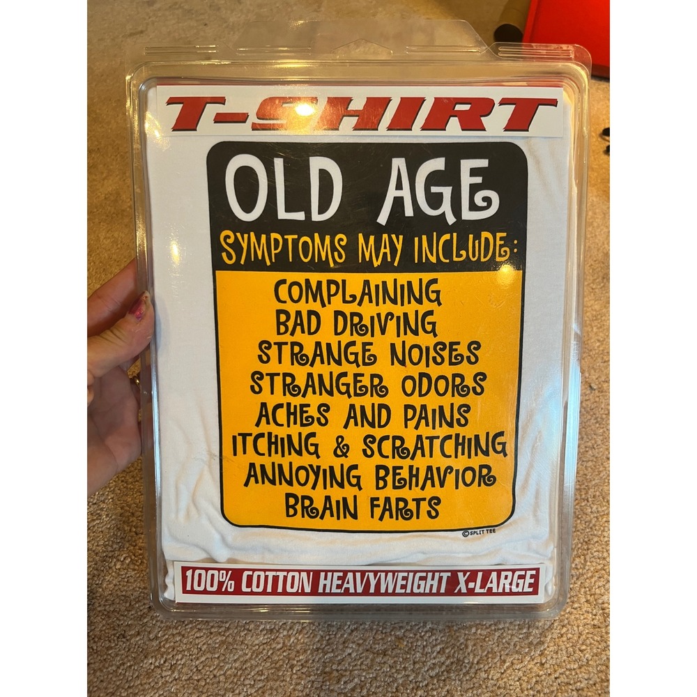 Split Tee Old Age Symptoms Funny Graphic T-Shirt White XL Heavyweight Cotton NEW